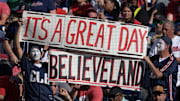 Oct 2, 2025; Cleveland, Ohio, USA; Cleveland Guardians fans in the second inning against the Detroit Tigers during game three of the Wildcard round for the 2025 MLB playoffs at Progressive Field. Mandatory Credit: Ken Blaze-Imagn Images