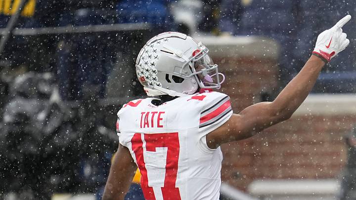 Ohio State Buckeyes wide receiver Carnell Tate (17) celebrates a touchdown catch during the NCAA football game against the Michigan Wolverines at Michigan Stadium in Ann Arbor, Mich. on Nov. 29, 2025. Ohio State won 27-9.