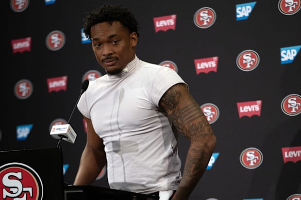 San Francisco 49ers cornerback Deommodore Lenoir speaks to the media following an OTA at Levi's Stadium.