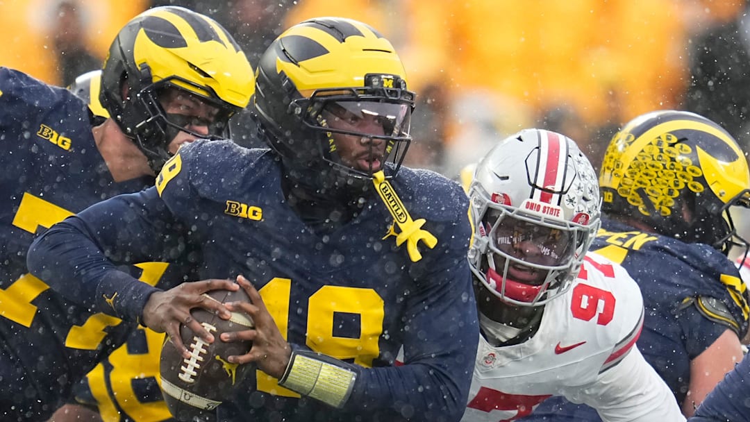Ohio State Buckeyes defensive end Kenyatta Jackson Jr. (97) sacks Michigan Wolverines quarterback Bryce Underwood (19) during the NCAA football game at Michigan Stadium in Ann Arbor, Mich. on Nov. 29, 2025. Ohio State won 27-9. Ohio State Buckeyes defensive end Kenyatta Jackson Jr. (97) sacks Michigan Wolverines quarterback Bryce Underwood (19) during the NCAA football game at Michigan Stadium in Ann Arbor, Mich. on Nov. 29, 2025. Ohio State won 27-9.