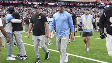 Sep 28, 2025; Houston, Texas, USA; Tennessee Titans head coach Brian Callahan walks off the field after the game against the Houston Texans at NRG Stadium. Mandatory Credit: Troy Taormina-Imagn Images