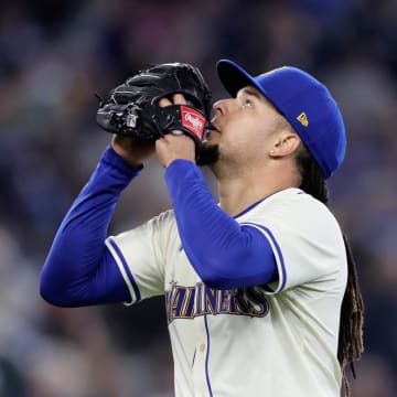 Seattle Mariners starting pitcher Luis Castillo (58) reacts after an out against the Los Angeles Angels during the sixth inning at T-Mobile Park. 