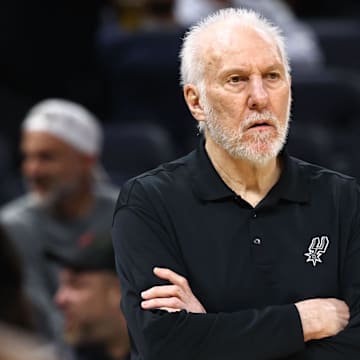 Feb 8, 2024; Orlando, Florida, USA; San Antonio Spurs head coach Gregg Popovich against the Orlando Magic during the second quarter at Kia Center. Mandatory Credit: Kim Klement Neitzel-Imagn Images