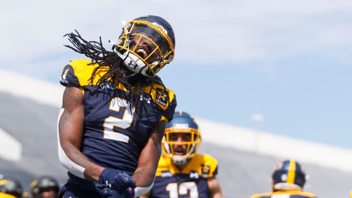 Showboats’ Daewood Davis (2) celebrates after scoring a touchdown during the UFL game between the San Antonio Brahmas and Memphis Showboats in Simmons Liberty Bank Stadium in Simmons Bank Liberty Stadium in Memphis, Tenn., on Saturday, April 6, 2024.