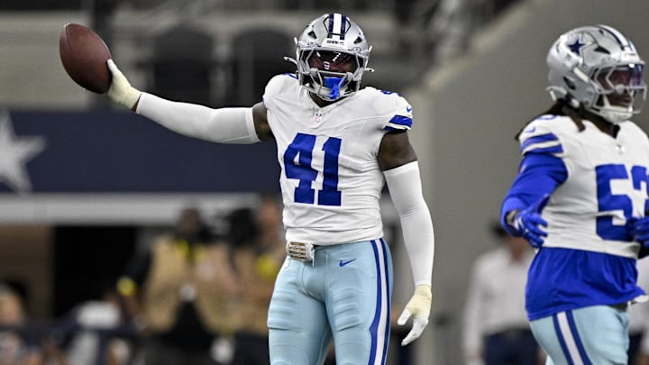 Dallas Cowboys defensive end Donovan Ezeiruaku celebrates during the game between the Dallas Cowboys and Baltimore Ravens