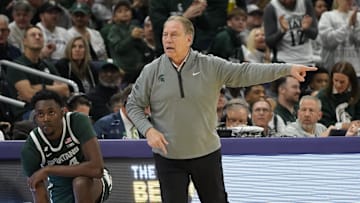 Jan 12, 2025; Evanston, Illinois, USA; Michigan State Spartans head coach Tom Izzo gestures to his team against the Northwestern Wildcats during the first half at Welsh-Ryan Arena. Mandatory Credit: David Banks-Imagn Images