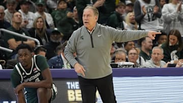 Jan 12, 2025; Evanston, Illinois, USA; Michigan State Spartans head coach Tom Izzo gestures to his team against the Northwestern Wildcats during the first half at Welsh-Ryan Arena. Mandatory Credit: David Banks-Imagn Images