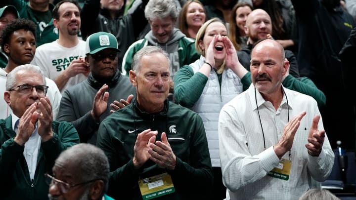 Mar 19, 2023; Columbus, Ohio, USA;  From right, Kirk Gibson, Mark Dantonio and Barry Sanders watch as the Michigan State Spartans take on the Marquette Golden Eagles during the second round of the NCAA men   s basketball tournament at Nationwide Arena. Mandatory Credit: Adam Cairns-The Columbus Dispatch

Basketball Ncaa Men S Basketball Tournament Round 2