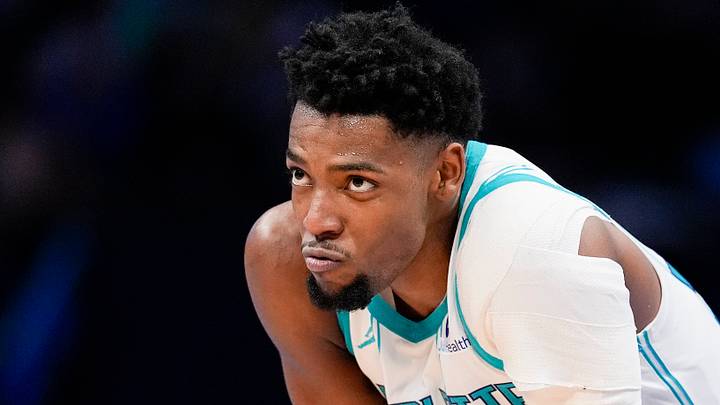 Feb 2, 2026; Charlotte, North Carolina, USA; Charlotte Hornets forward Brandon Miller (24) reacts to a call late in the game against the New Orleans Pelicans during the second half at the Spectrum Center. Mandatory Credit: Jim Dedmon-Imagn Images