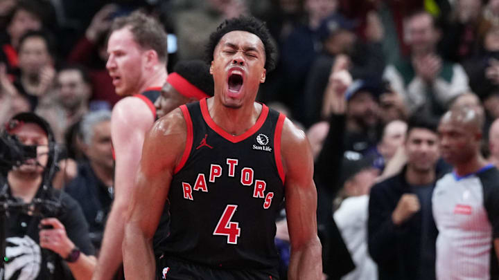 Nov 26, 2025; Toronto, Ontario, CAN; Toronto Raptors forward Scottie Barnes (4) celebrates the win against the Indiana Pacers at the end the fourth quarter at Scotiabank Arena. Mandatory Credit: Nick Turchiaro-Imagn Images