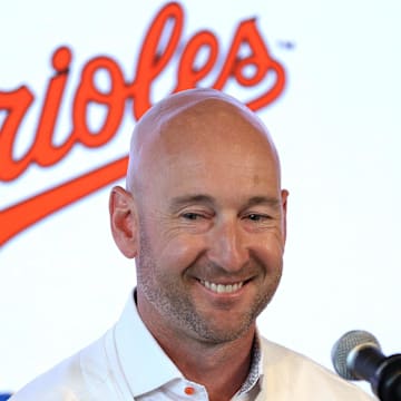 Nov 4, 2025; Baltimore, MD, USA; Craig Albernaz is introduced as the new Baltimore Orioles manager at Warehouse Bar. Mandatory Credit: Daniel Kucin Jr.-Imagn Images