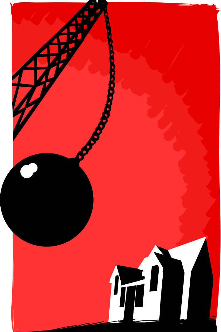 illustration of a wrecking ball about to hit a building
