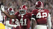 Nov 8, 2025; Tuscaloosa, Alabama, USA;  Alabama linebacker Nikhai Hill-Green (41) celebrates after recovering a LSU fumble at Saban Field at Bryant-Denny Stadium. Mandatory Credit: Gary Cosby Jr.-Imagn Images