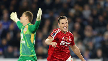 Chris Wood celebrates his second goal of the game 