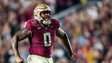 Florida State Seminoles defensive lineman Fabien Lovett (0) celebrates a stop. The Florida State Seminoles defeated the Duke Blue Devils 38-20 on Saturday, Oct. 21, 2023.