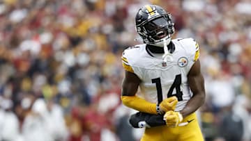 Nov 10, 2024; Landover, Maryland, USA; Pittsburgh Steelers wide receiver George Pickens (14) celebrates after making a catch against the Washington Commanders during the second half at Northwest Stadium. Mandatory Credit: Geoff Burke-Imagn Images