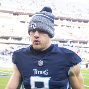 Jan 7, 2024; Nashville, Tennessee, USA;  Tennessee Titans quarterback Will Levis (8) walks off the field against the Jacksonville Jaguars during the second half at Nissan Stadium. Mandatory Credit: Steve Roberts-USA TODAY Sports