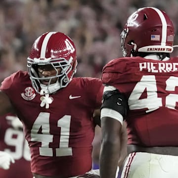 Nov 8, 2025; Tuscaloosa, Alabama, USA;  Alabama linebacker Nikhai Hill-Green (41) celebrates after recovering a LSU fumble at Saban Field at Bryant-Denny Stadium. Mandatory Credit: Gary Cosby Jr.-Imagn Images