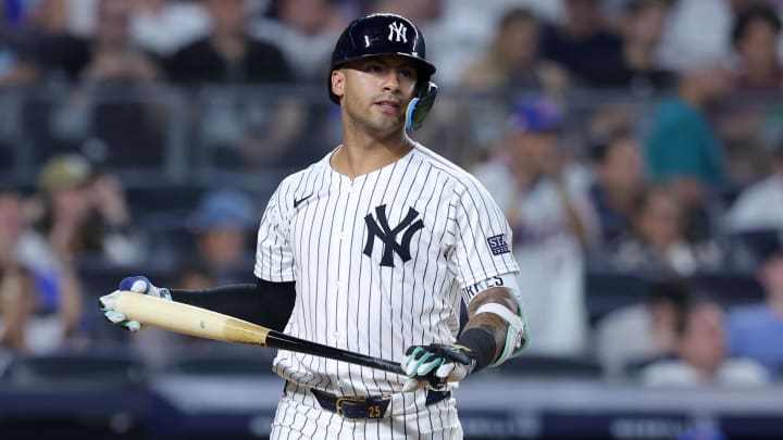 Jul 24, 2024; Bronx, New York, USA; New York Yankees second baseman Gleyber Torres (25) reacts after striking out to end the sixth inning against the New York Mets at Yankee Stadium. Mandatory Credit: Brad Penner-USA TODAY Sports