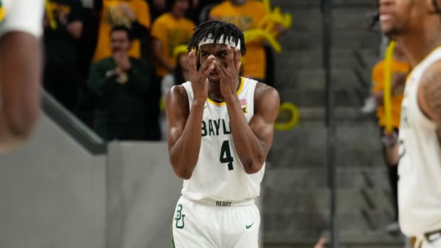 Feb 13, 2024; Waco, Texas, USA; Baylor Bears guard Ja'Kobe Walter (4) celebrates after scoring a basket against the Oklahoma Sooners during the second half at Paul and Alejandra Foster Pavilion. Mandatory Credit: Chris Jones-USA TODAY Sports