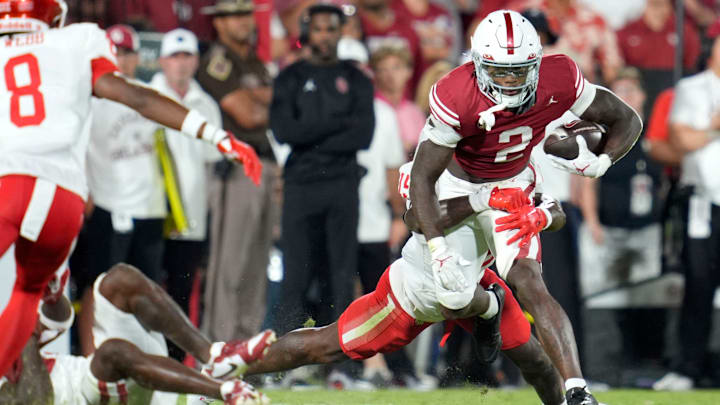 Oklahoma Sooners running back Jovantae Barnes (2) is brought down during a college football game between the University of Oklahoma Sooners (OU) and the Houston Cougars at Gaylord Family Ð Oklahoma Memorial Stadium in Norman, Okla., Saturday, Sept. 7, 2024.