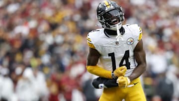 Nov 10, 2024; Landover, Maryland, USA; Pittsburgh Steelers wide receiver George Pickens (14) celebrates after making a catch against the Washington Commanders during the second half at Northwest Stadium. Mandatory Credit: Geoff Burke-Imagn Images
