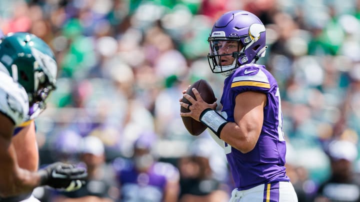 Aug 24, 2024; Philadelphia, Pennsylvania, USA; Minnesota Vikings quarterback Jaren Hall (16) throws against the Philadelphia Eagles during the first quarter at Lincoln Financial Field.