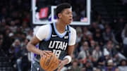 Dec 7, 2025; Salt Lake City, Utah, USA; Utah Jazz guard Ace Bailey (19) looks for the play against the Oklahoma City Thunder during the second half at Delta Center. Mandatory Credit: Rob Gray-Imagn Images