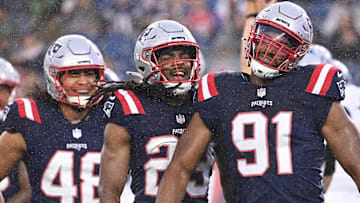 August 8, 2024; Foxborough, MA, USA;  New England Patriots defensive end Deatrich Wise Jr. (91) celebrates his sack against the Carolina Panthers during the first half at Gillette Stadium. Mandatory Credit: Eric Canha-Imagn Images