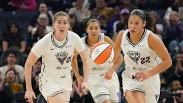 May 21, 2025; San Francisco, California, USA;  Golden State Valkyries guard Veronica Burton (22) dribbles up court with guard Kate Martin (20) during a game against Washington Mystics in the first quarter at Chase Center. Mandatory Credit: David Gonzales-Imagn Images