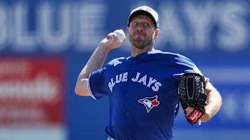 Mar 2, 2025; Dunedin, Florida, USA; Toronto Blue Jays pitcher Max Scherzer (31) throws a pitch against the Philadelphia Phillies in the second inning during spring training at TD Ballpark. 