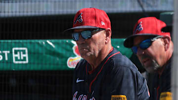 Feb 28, 2025; Jupiter, Florida, USA; Atlanta Braves manager Brian Snitker (43) watches the game against the Miami Marlins during the fifth inning at Roger Dean Chevrolet Stadium. Mandatory Credit: Sam Navarro-Imagn Images