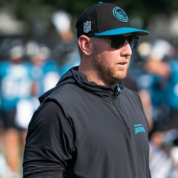 Jacksonville Jaguars head coach Liam Coen watches drills during the seventh organized team activity at the Miller Electric Center in Jacksonville, Fla. Monday, June 2, 2025. [Doug Engle/Florida Times-Union]