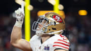 Feb 11, 2024; Paradise, Nevada, USA; San Francisco 49ers running back Christian McCaffrey (23) celebrates after scoring a touchdown in the first half of Super Bowl LVIII at Allegiant Stadium. Mandatory Credit: Mark J. Rebilas-USA TODAY Sports