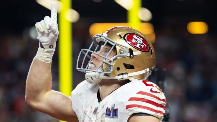 Feb 11, 2024; Paradise, Nevada, USA; San Francisco 49ers running back Christian McCaffrey (23) celebrates after scoring a touchdown in the first half of Super Bowl LVIII at Allegiant Stadium. Mandatory Credit: Mark J. Rebilas-USA TODAY Sports