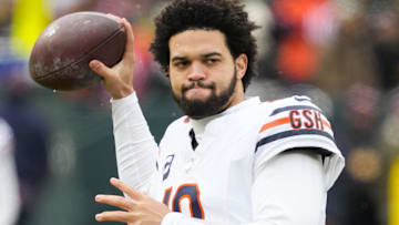 Jan 5, 2025; Green Bay, Wisconsin, USA;  Chicago Bears quarterback Caleb Williams (18) during warmups prior to the game against the Green Bay Packers at Lambeau Field. Mandatory Credit: Jeff Hanisch-Imagn Images