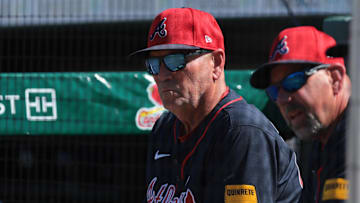 Feb 28, 2025; Jupiter, Florida, USA; Atlanta Braves manager Brian Snitker (43) watches the game against the Miami Marlins during the fifth inning at Roger Dean Chevrolet Stadium. Mandatory Credit: Sam Navarro-Imagn Images