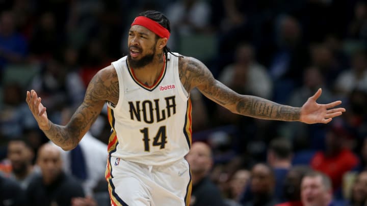 Mar 4, 2022; New Orleans, Louisiana, USA; New Orleans Pelicans forward Brandon Ingram (14) reacts after not getting a foul call in the second half against the Utah Jazz at the Smoothie King Center. Mandatory Credit: Chuck Cook-USA TODAY Sports