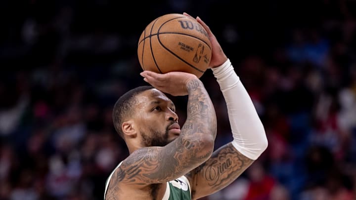 Mar 28, 2024; New Orleans, Louisiana, USA;   Milwaukee Bucks guard Damian Lillard (0) shoots a free