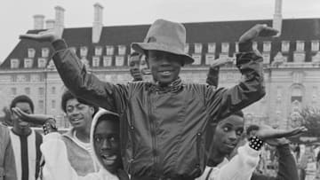Dancers posing, GLC (Greater London Council) Hip Hop Jam, 1984
