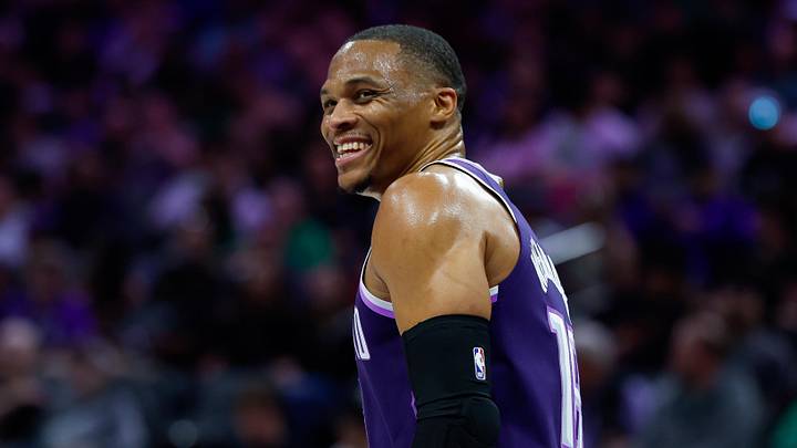 Mar 17, 2026; Sacramento, California, USA; Sacramento Kings guard Russell Westbrook (18) reacts after becoming the fifth leading assist leader during the second quarter against the San Antonio Spurs at Golden 1 Center. Mandatory Credit: Sergio Estrada-Imagn Images