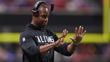 Oct 13, 2025; Atlanta, Georgia, USA; Atlanta Falcons head coach Raheem Morris shows his frustration with an official during the first half of a game against the Buffalo Bills at Mercedes-Benz Stadium.