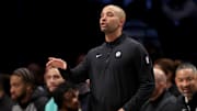Mar 26, 2025; Brooklyn, New York, USA; Brooklyn Nets head coach Jordi Fernandez coaches against the Toronto Raptors during the fourth quarter at Barclays Center. Mandatory Credit: Brad Penner-Imagn Images