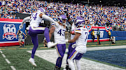 Sep 8, 2024; East Rutherford, New Jersey, USA; Minnesota Vikings linebacker Andrew Van Ginkel (43) celebrates his interception return for a touchdown against the New York Giants during the second half at MetLife Stadium. Mandatory Credit: Vincent Carchietta-Imagn Images