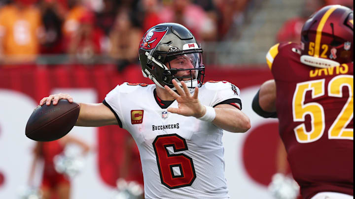 Sep 8, 2024; Tampa, Florida, USA;  Tampa Bay Buccaneers quarterback Baker Mayfield (6) throws the ball against the Washington Commanders during the second half at Raymond James Stadium. Mandatory Credit: Kim Klement Neitzel-Imagn Images