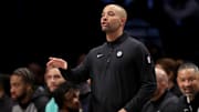 Mar 26, 2025; Brooklyn, New York, USA; Brooklyn Nets head coach Jordi Fernandez coaches against the Toronto Raptors during the fourth quarter at Barclays Center. Mandatory Credit: Brad Penner-Imagn Images