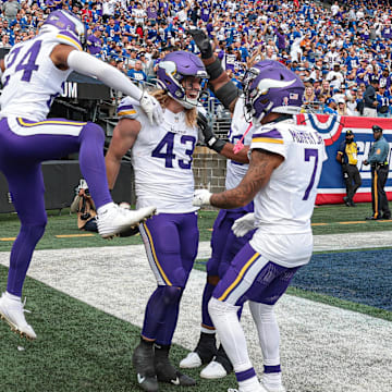 Sep 8, 2024; East Rutherford, New Jersey, USA; Minnesota Vikings linebacker Andrew Van Ginkel (43) celebrates his interception return for a touchdown against the New York Giants during the second half at MetLife Stadium. Mandatory Credit: Vincent Carchietta-Imagn Images