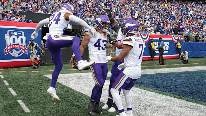 Sep 8, 2024; East Rutherford, New Jersey, USA; Minnesota Vikings linebacker Andrew Van Ginkel (43) celebrates his interception return for a touchdown against the New York Giants during the second half at MetLife Stadium. Mandatory Credit: Vincent Carchietta-Imagn Images