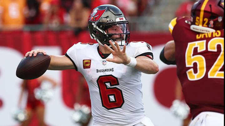 Sep 8, 2024; Tampa, Florida, USA;  Tampa Bay Buccaneers quarterback Baker Mayfield (6) throws the ball against the Washington Commanders during the second half at Raymond James Stadium. Mandatory Credit: Kim Klement Neitzel-Imagn Images