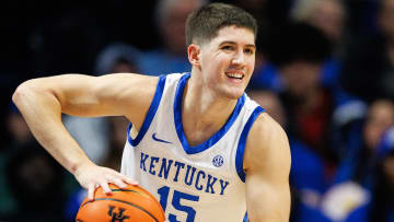 Kentucky Wildcats guard Reed Sheppard passes the ball during a game against the Arkansas Razorbacks last season. Sheppard, a graduate of North Laurel (Kentucky) High was selected with the third overall pick, Wednesday, by the Houston Rockets in the NBA Draft.